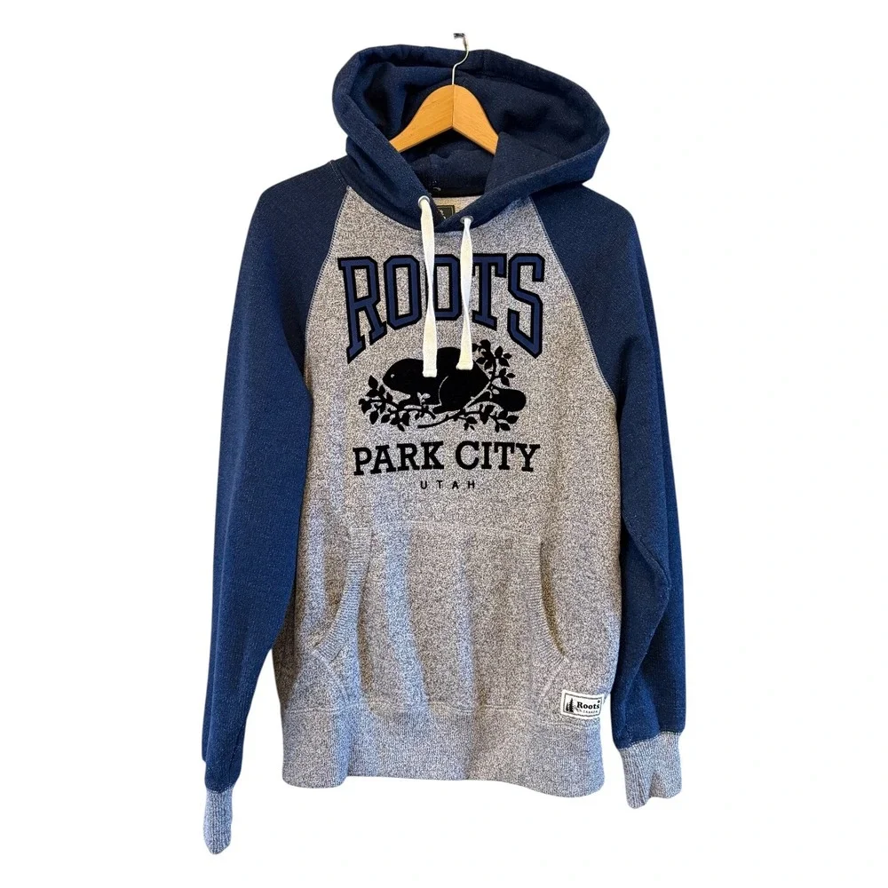 Roots Canada Park City Utah Raglan Hoodie Blue Grey Men's XS Cozy Sweatshirt